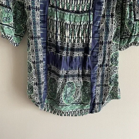 Lucky Brand Wmn SZ XS Blue/Green/White Boho Tunic Style Tie Neckline Short Dress - Picture 2 of 11